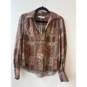FRAME Snakeskin Python Patchwork Print Silk Popover Blouse Brown Tan Size XS